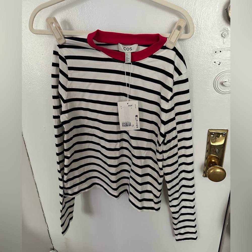 COS Black & White Striped Long Sleeve Tee with Pink Collar